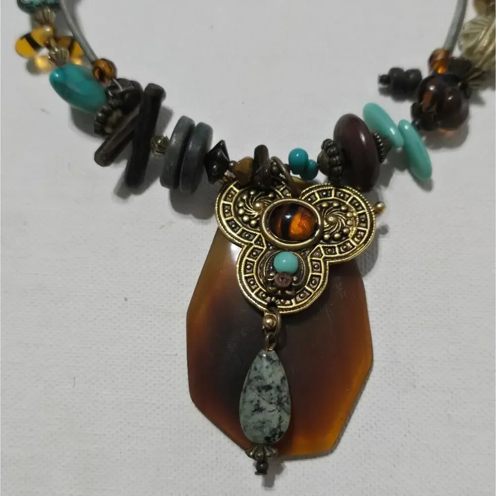 Treska‎ Turquoise and Brown Pendant Wrap Collar Necklace New